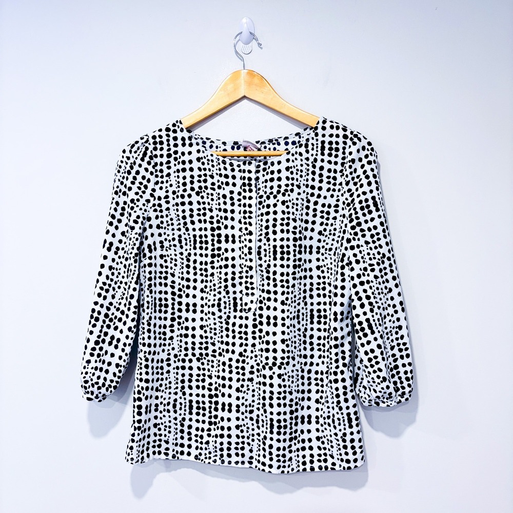 MERONA White Navy Polka Dot Blouse 3/4 Sleeve Keyhole Top X-Small